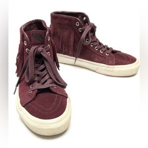 Vans Hi Moc Skateboard Shoes Burgundy High Top Fringe Suede Womens 6.5 Mens 5